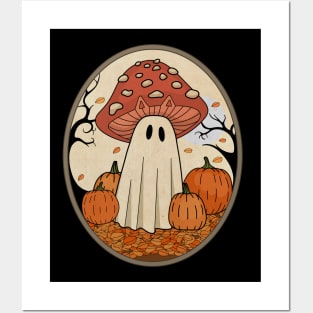 Vintage Halloween Ghost Cat Mushroom Cottagecore Ghost Posters and Art